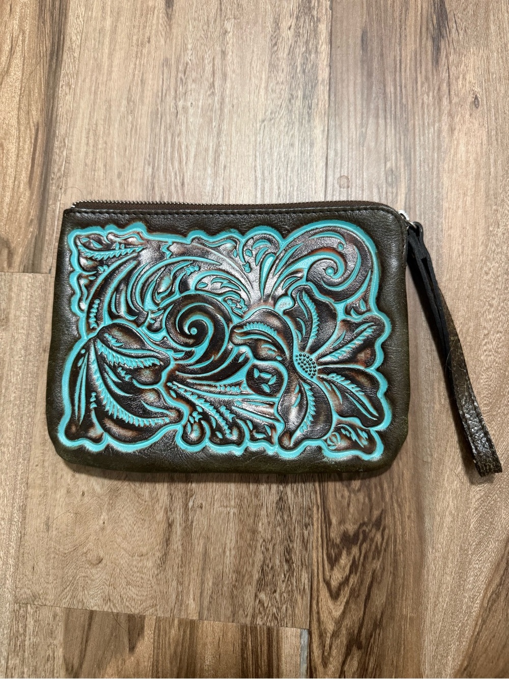 Patricia Nash Tooled Floral Wristlet Clutch in Turquoise & Brown NWOT